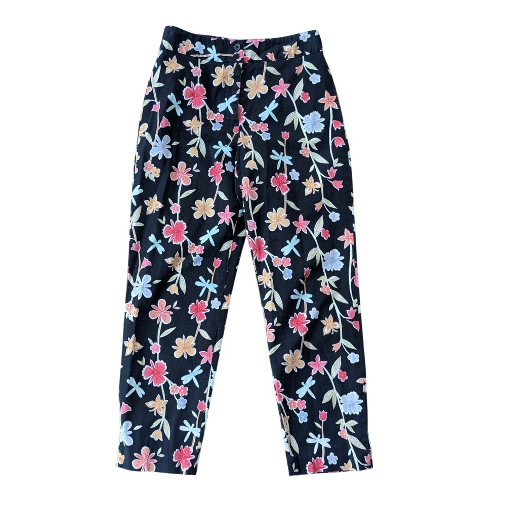 Talbots Petite Floral Dragonfly Pants Black Multi Color‎ Stretch Size 2P
